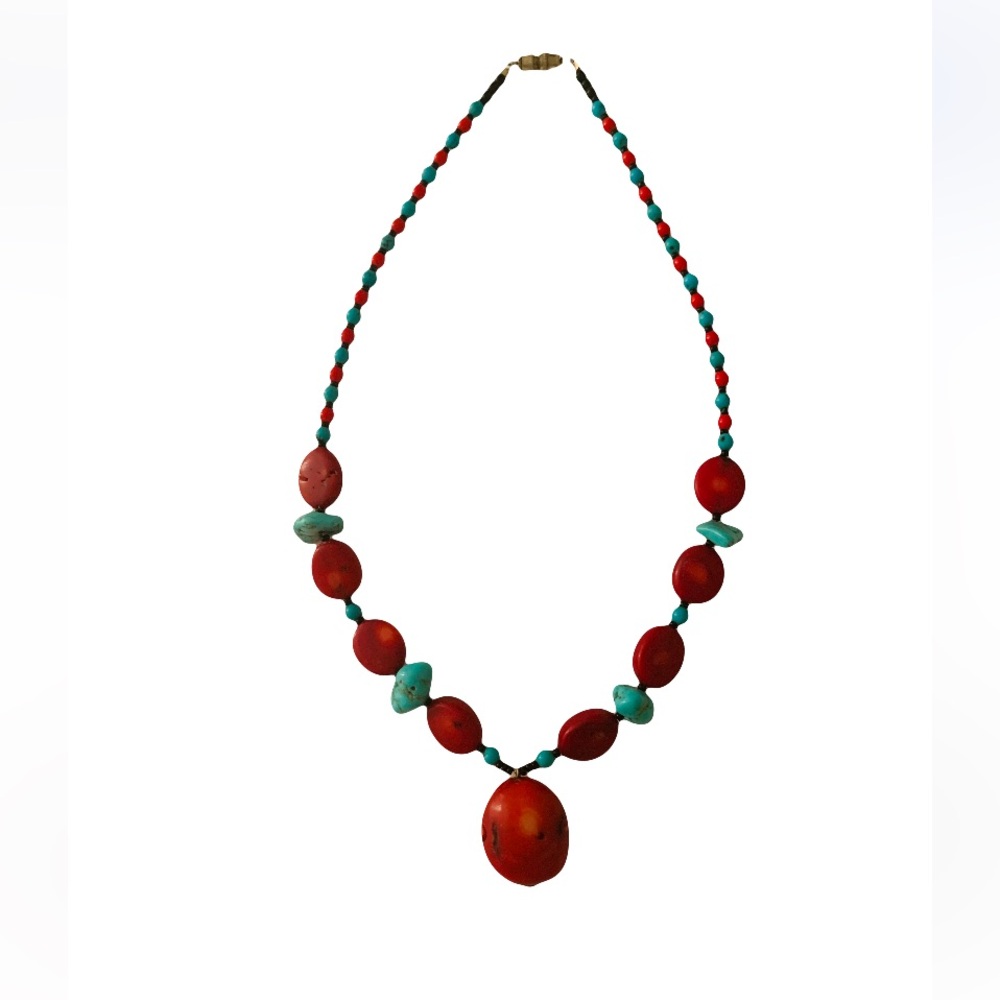 Vintage Pacific Red Coral and Turquoise Beaded Necklace Boho Southwestern